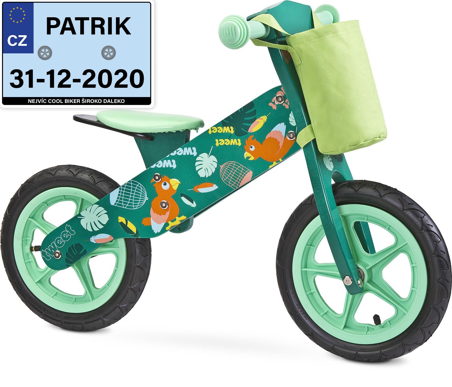 Dětské odrážedlo Zap značky Toyz, dřevěné, barva zelená, s osobní SPZ Text na SPZ: Jedu co můžu, nelep se mi na zadek, Barva SPZ: růžová - obrázek 1