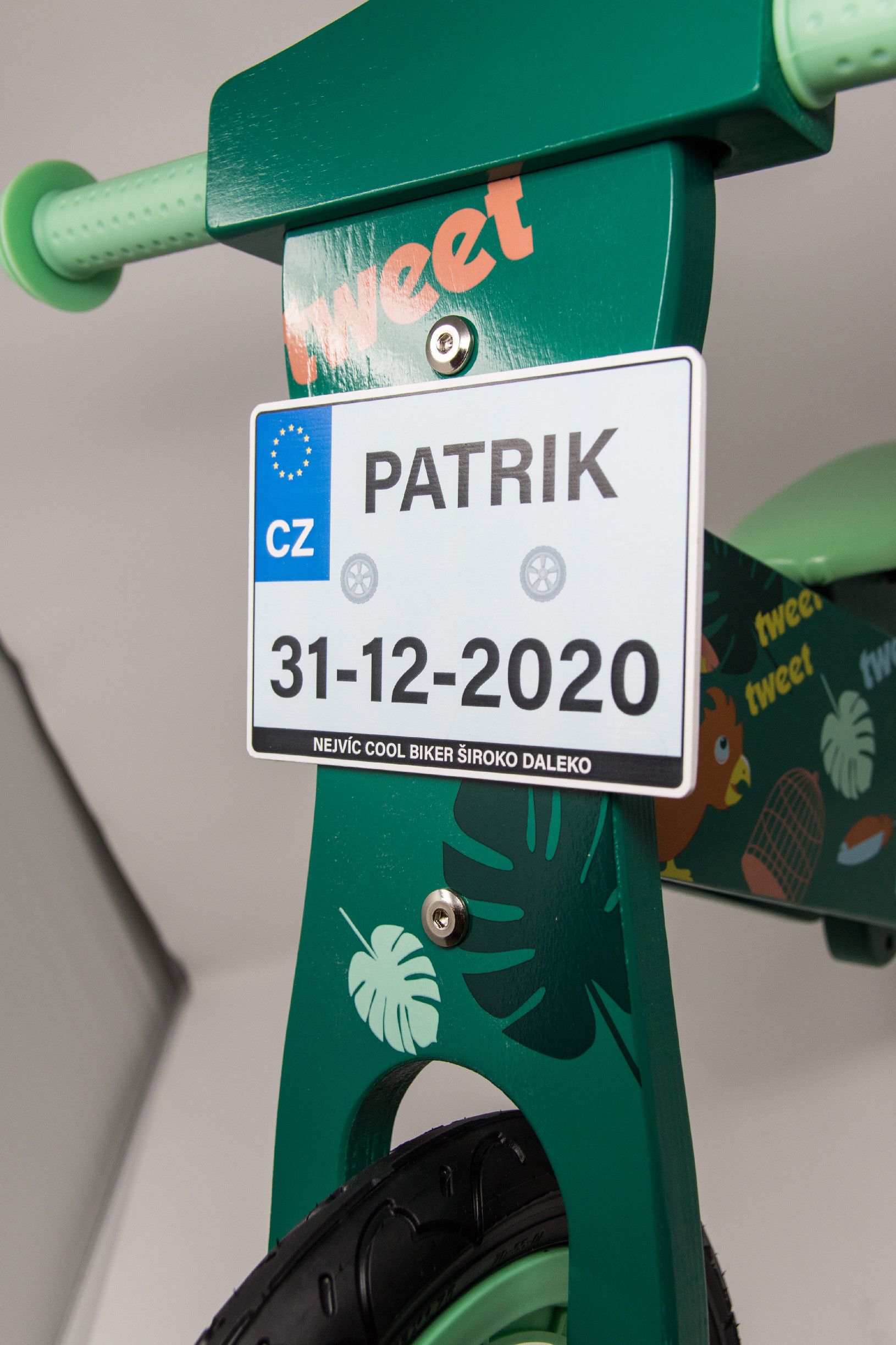 Dětské odrážedlo Zap značky Toyz, dřevěné, barva zelená, s osobní SPZ Text na SPZ: Jedu co můžu, nelep se mi na zadek, Barva SPZ: růžová - obrázek 3