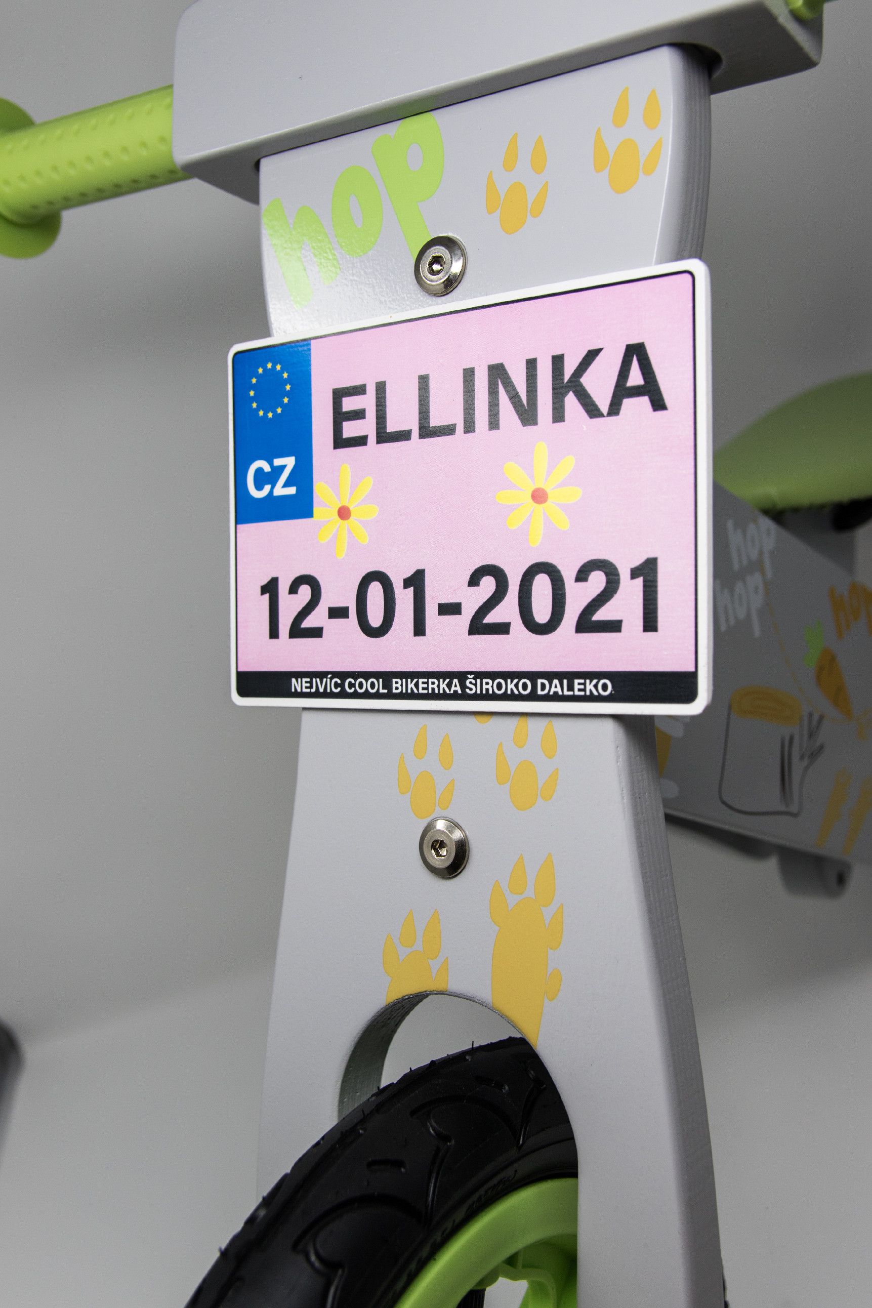 Dětské odrážedlo Zap značky Toyz, dřevěné, barva šedá, s osobní SPZ Text na SPZ: Řidičák mám krátce, ale řídím jako profík, Barva SPZ: růžová - obrázek 2