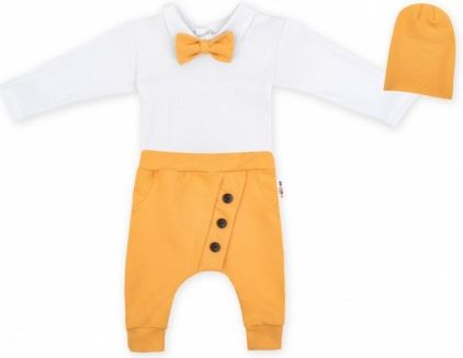 Baby Nellys 3-dílná sada Hubert, body s motýlkem dl.rukáv, tepláčky a čepička - hořčicová, Velikost koj. oblečení 56 (1-2m) - obrázek 1