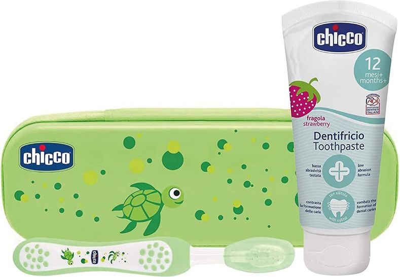 CHICCO Set zubní kartáček s pouzdrem+pasta Always Smiling zelený 12m+ - obrázek 1