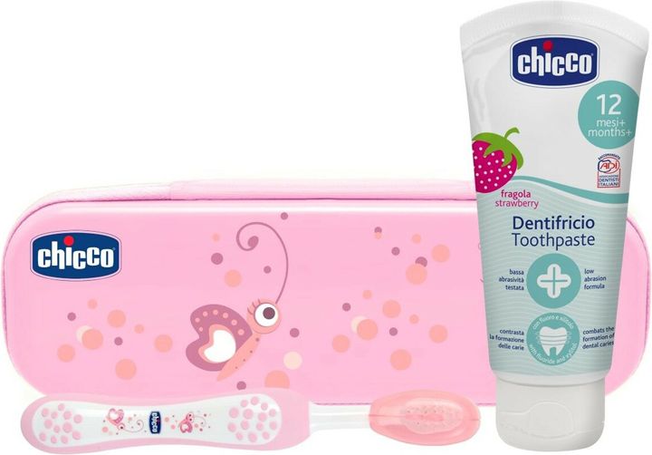 CHICCO Set zubní kartáček s pouzdrem+pasta Always Smiling růžový 12m+ - obrázek 1
