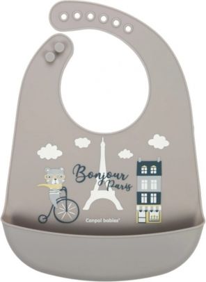 Canpol Babies Silikonový bryndák s kapsičkou, Bonjour Paris - šedý - obrázek 1