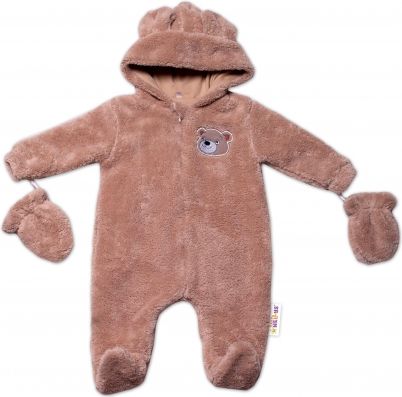 Baby Nellys Chlupáčkový overal Luna s kapucí + rukavičky, Medvídek, béžový - obrázek 1