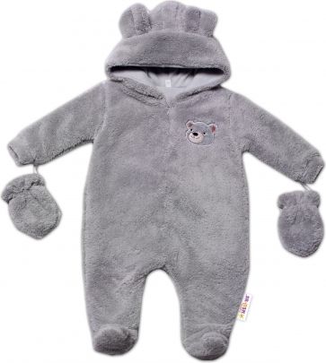 Baby Nellys Chlupáčkový overal Luna s kapucí + rukavičky, Medvídek, šedý
