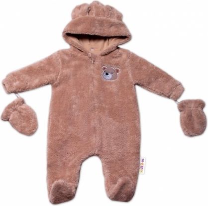 Baby Nellys Chlupáčkový overal Luna s kapucí + rukavičky, Medvídek, béžový, Velikost koj. oblečení 56 (1-2m) - obrázek 1