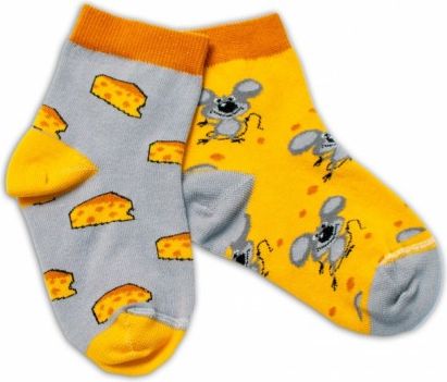 Baby Nellys Bavlněné veselé ponožky Myška a sýr - žlutá/šedá, Velikost koj. oblečení 104-116 (4-6r) - obrázek 1