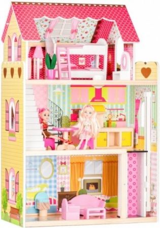 ECO TOYS Dřevěný domeček pro panenky s výtahem + 2 panenky - Malinová rezidence - obrázek 1