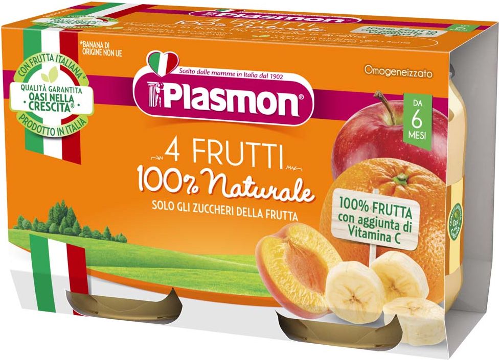 PLASMON Příkrm bezlepkový ovocný čtyřmi druhy ovoce 2x104 g, 6m+ - obrázek 1