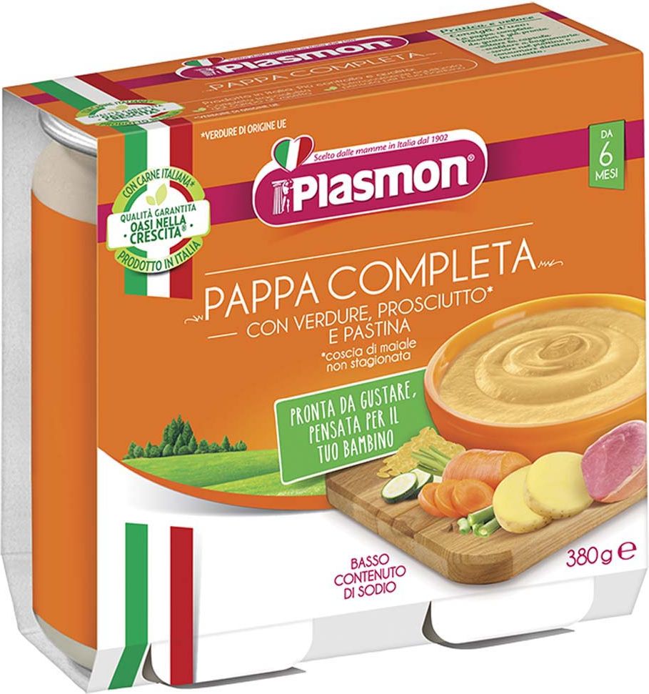 PLASMON Příkrm zeleninový se šunkou a těstovinami 2x190 g, 6m+ - obrázek 1