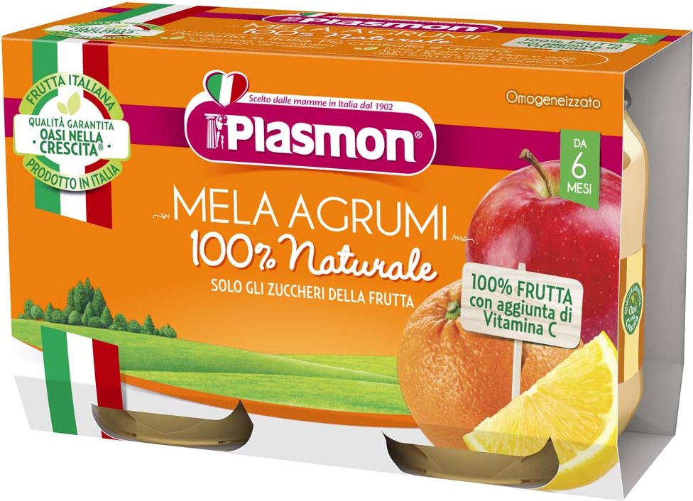 PLASMON Příkrm ovocný jablko a citrusy 2x104 g, 6m+ - obrázek 1