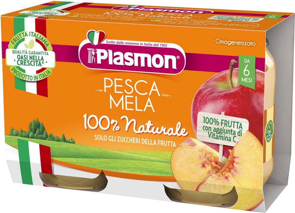 PLASMON Příkrm ovocný broskev a jablko 2x104 g, 6m+ - obrázek 1