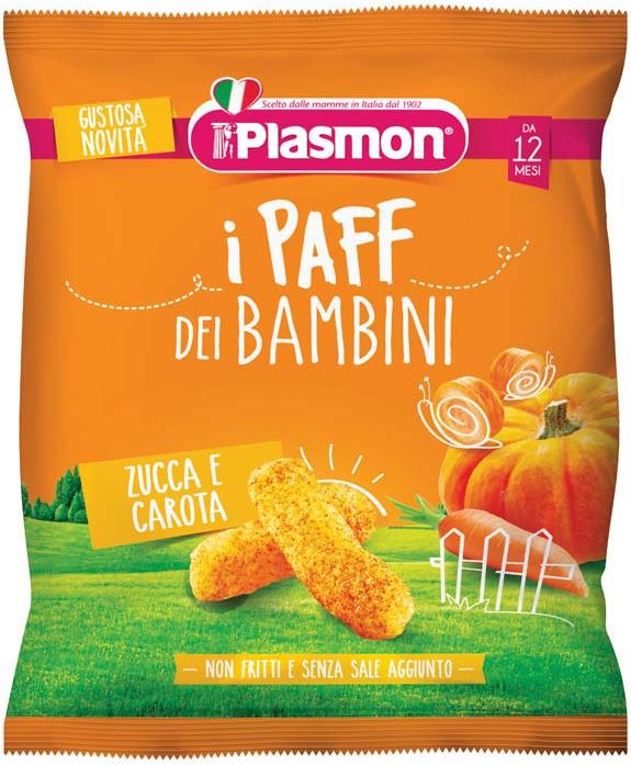 PLASMON Křupky zeleninové bezlepkové na cesty Paff mrkev a dýně 15 g, 12m+ - obrázek 1