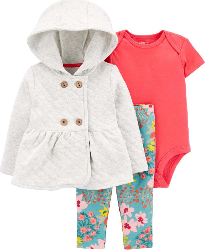 CARTER'S Set 3dílný kabátek, legíny, body kr. rukáv Grey Floral dívka NB - obrázek 1