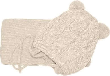 Baby Nellys BABY NELLYS Zimní pletená kojenecká čepička s šálou TEDDY - béžová s bambulkami, vel.62/68 - obrázek 1