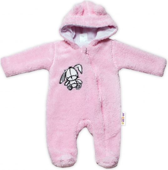 Baby Nellys Baby Nellys Chlupáčkový overálek s kapucí, Cute Bunny - světle růžový, vel. 74 - obrázek 1