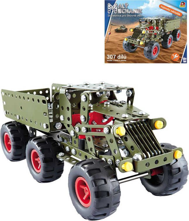 MALÝ MECHANIK Vojenský náklaďák 307 dílků kovová STAVEBNICE typu Merkur - obrázek 1