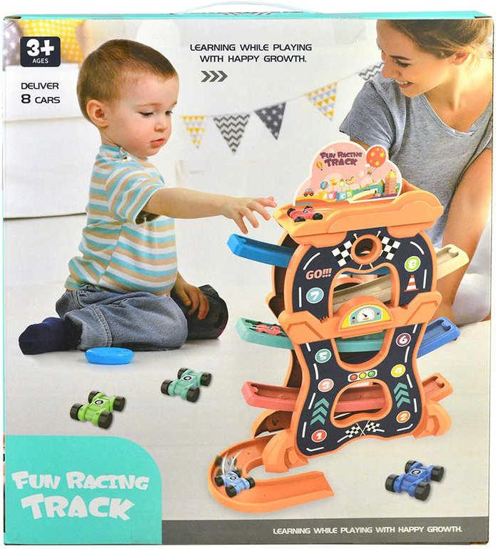 Autodráha sjezdová poschoďová 33x38cm set s 8 autíčky plast - obrázek 2