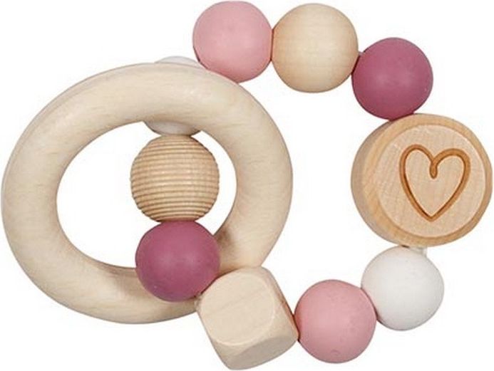 Chrastítko - Kroužek korálkový, Dřevo a silikon růžový (Goki) - obrázek 1