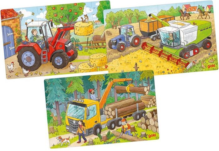 Puzzle dřevěné - Zemědělská vozidla, 3 x 24 dílů (Goki) - obrázek 1