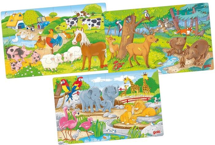 Puzzle dřevěné - Zvířátka, 3 x 24 dílů (Goki) - obrázek 1