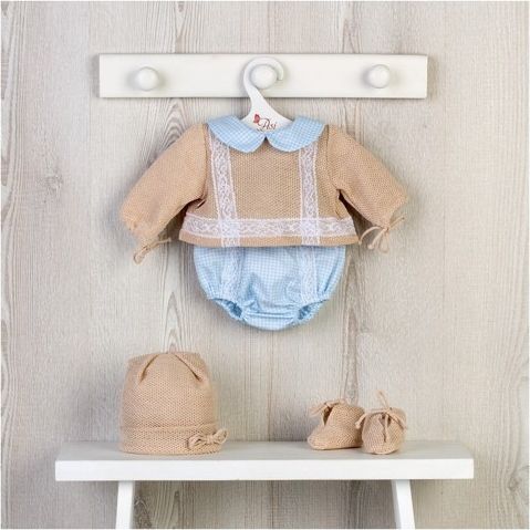 Obleček na miminko-holčičku Leu nebo chlapečka Lea - béžová úpletová polokošile a krátké modrobílé kalhoty - obrázek 1