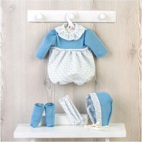 Obleček na miminko-holčičku Leu nebo chlapečka Lea - modro-bílý overal s pleteným živůtkem, čepičkou a rouškou - obrázek 1