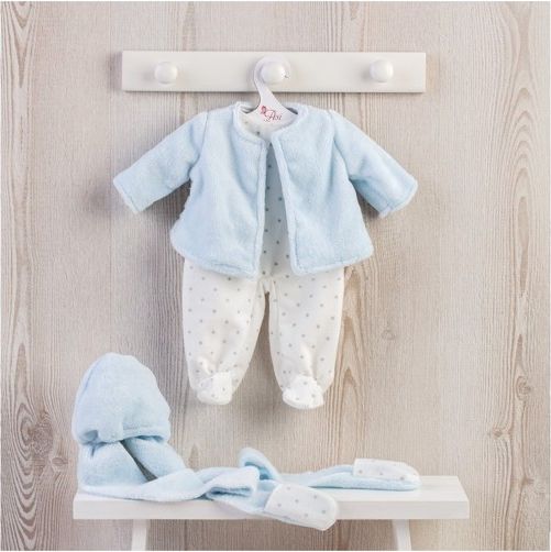 Obleček na miminko-holčičku Maríu nebo chlapečka Pabla - bílý overal s hvězdičkami, teplý modrý kabátek a teplá modrá čepička - obrázek 1