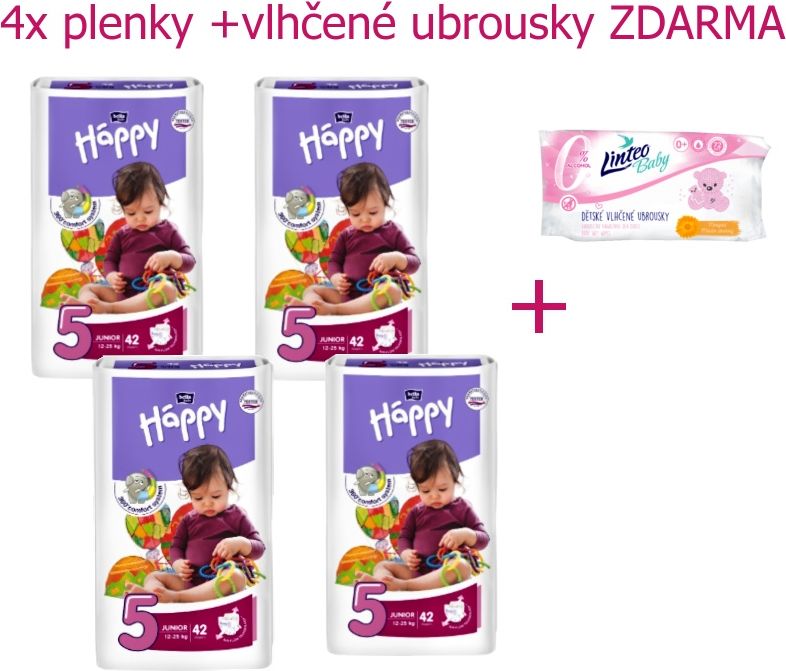 4x Plenky Bella Happy vel. 5 (168ks) + Vlhčené ubrousky ZDARMA - obrázek 1