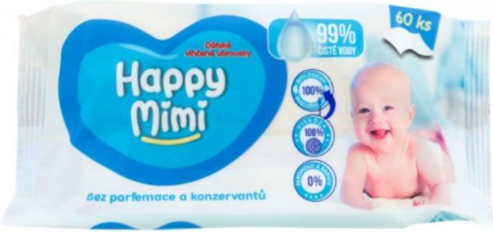 Happy Mimi Dětské vlhčené ubrousky 99% vody 60 ks - obrázek 1