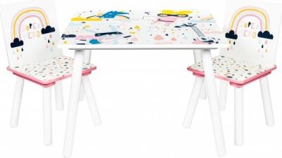 BABY NELLYS Dětský nábytek - 3 ks, stůl s židličkami Duha - bílá - obrázek 1