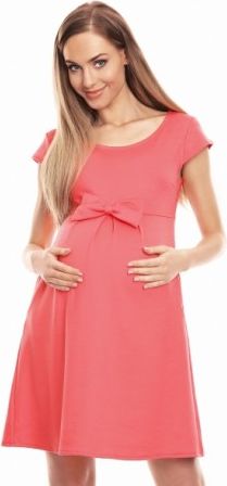 Be MaaMaa Elegantní volné těhotenské šaty s mašlí, kl. rukáv - korálové, Velikosti těh. moda S/M - obrázek 1