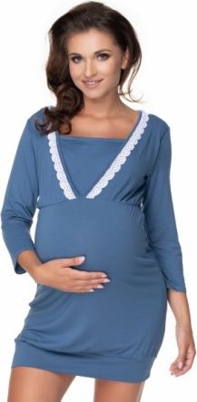 Be MaaMaa Těhotenská, kojící noční košile s ozdobnou krajkou, 3/4 rukáv - modrá, Velikosti těh. moda S/M - obrázek 1