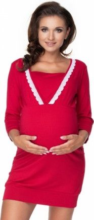Be MaaMaa Těhotenská, kojící noční košile s ozdobnou krajkou, 3/4 rukáv - bordo, Velikosti těh. moda L/XL - obrázek 1