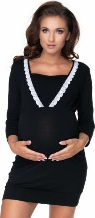 Be MaaMaa Těhotenská, kojící noční košile s ozdobnou krajkou, 3/4 rukáv - černá, Velikosti těh. moda L/XL - obrázek 1