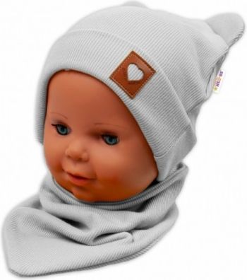 Baby Nellys Žebrovaná dvouvrstvá čepice s oušky + šátek TEDDY - šedá, Velikost koj. oblečení 56-62 (0-3m) - obrázek 1
