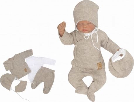 Z&,Z 5-dílná pletená kojenecká soupravička s šátkem- béžová, bílá, Velikost koj. oblečení 50 (0-1m) - obrázek 1