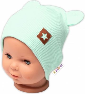 Baby Nellys Žebrovaná dvouvrstvá čepice s oušky TEDDY - mátová, Velikost koj. oblečení 68-74 (6-9m) - obrázek 1