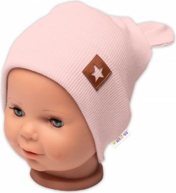 Baby Nellys Žebrovaná dvouvrstvá čepice s oušky TEDDY - pudrová, Velikost koj. oblečení 56-62 (0-3m) - obrázek 1