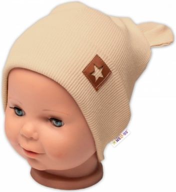 Baby Nellys Žebrovaná dvouvrstvá čepice s oušky TEDDY - béžová, Velikost koj. oblečení 56-62 (0-3m) - obrázek 1