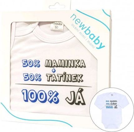 Body s potiskem New Baby 50% MAMINKA + 50% TATÍNEK - 100% JÁ modré - dárkové balení, Modrá, 56 (0-3m) - obrázek 1