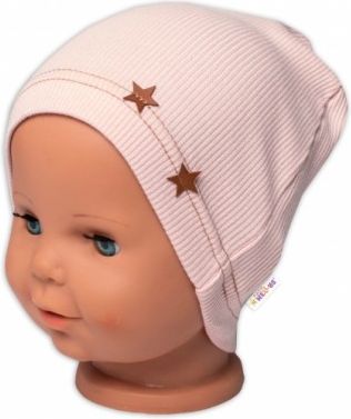 Baby Nellys Žebrovaná čepice Hvězdičky - pudrová, Velikost koj. oblečení 68-74 (6-9m) - obrázek 1
