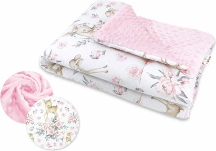 Baby Nellys Oteplená bavlněná deka s Minky 100x75cm, Srnka a růže - růžová - obrázek 1