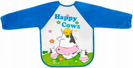 BocioLand Zástěrka, bryndák nepromakavý s dlouhým rukávem, Happy Cows, modrá - obrázek 1