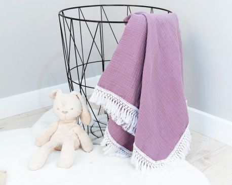 Baby Nellys Luxusní jednovrstvá mušelínová deka BOHO s třásněmi, 70 x 100 cm, šeříková - obrázek 1