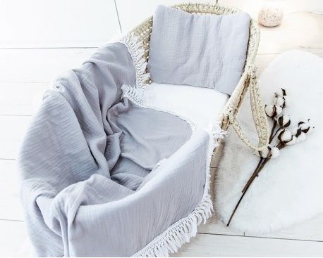 Baby Nellys 2-dílná Mušelinová sada BOHO, polštářek a přikrývka 70x100 cm, šedá - obrázek 1