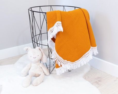 Baby Nellys Luxusní jednovrstvá mušelínová deka BOHO s třásněmi, 70 x 100 cm, hořčicová - obrázek 1