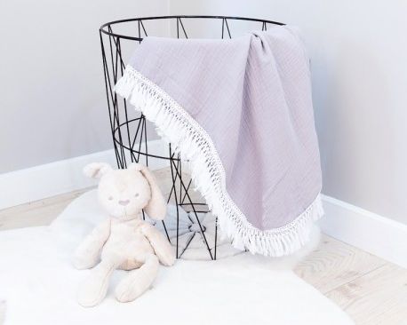 Baby Nellys Luxusní jednovrstvá mušelínová deka BOHO s třásněmi, 70 x 100 cm, šedá - obrázek 1