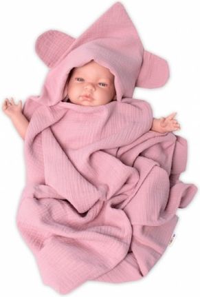 Baby Nellys Luxusní dvouvrstvá mušelínová deka, osuška s kapucí 100 x 100 cm, pudrová - obrázek 1