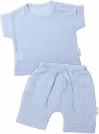 Baby Nellys 2-dílná mušelínová soupravička, tričko + kraťasky BOY, světle modrá, Velikost koj. oblečení 68 (3-6m) - obrázek 1